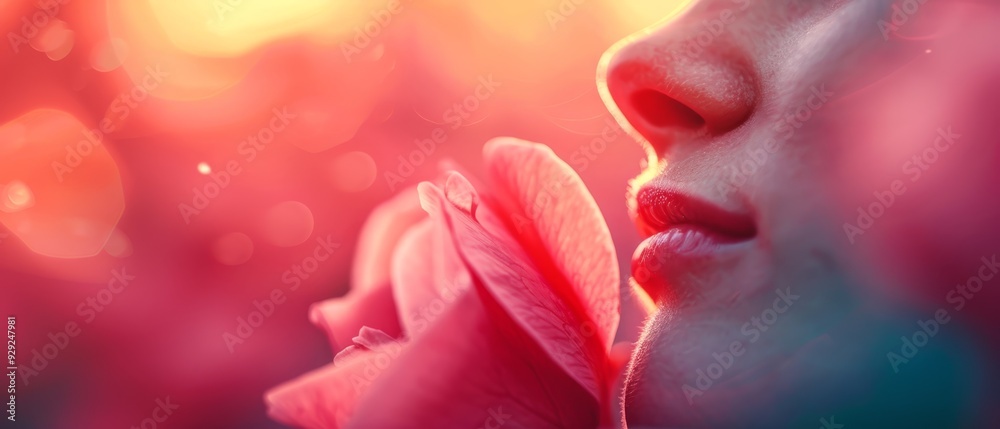  A woman's face, closely framed, holds a flower in the foreground Background softly blurred