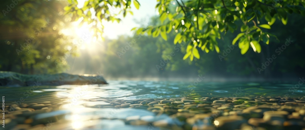The sun illuminates leaves, casting light on water with nearby rocks in the foreground The sun illuminates leaves, casting light on water with nearby rocks in the foreground