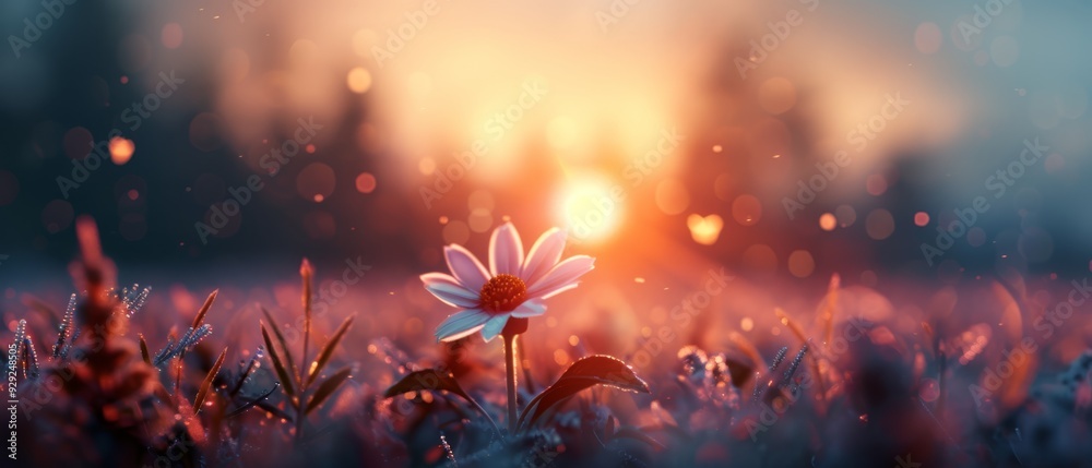 Obraz premium A solitary bloom in a verdant sea of grass Sunset backdrop, softly blurred