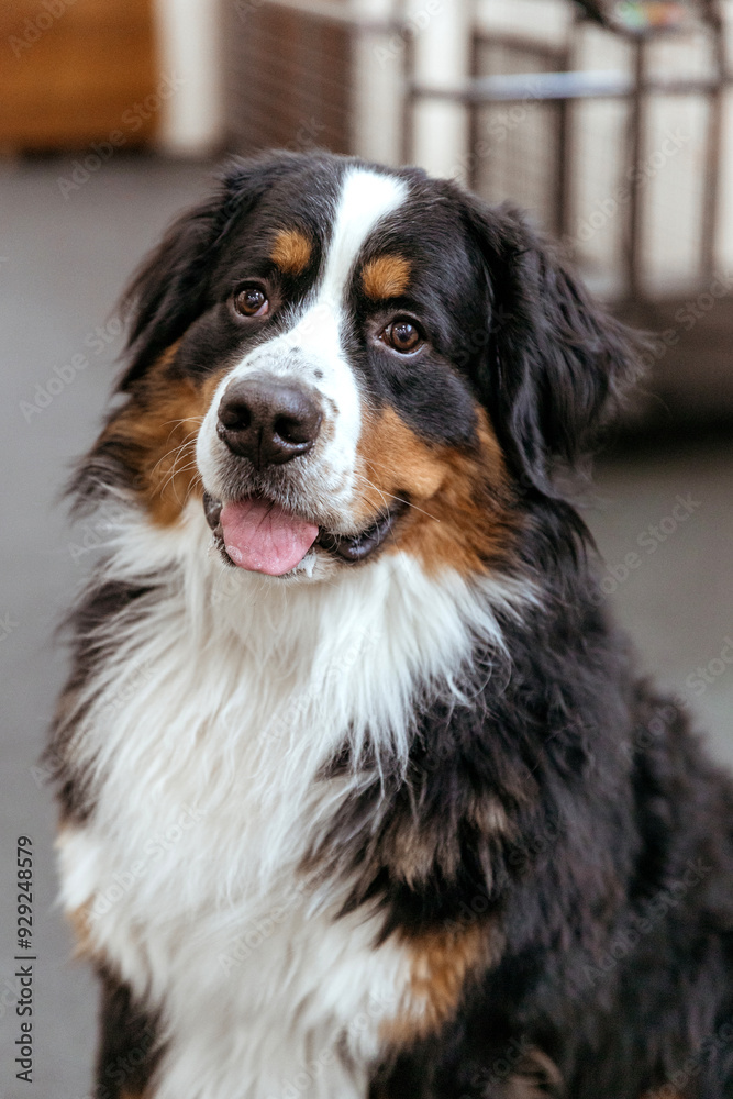 A large tricolor Bernese Mountain Dog sits and looks at the camera. A very beautiful fluffy dog. The shepherd is a shepherd. The dog is happy and smiling. His tongue is sticking out. A large tricolor Bernese Mountain Dog sits and looks at the camera. A very beautiful fluffy dog. The shepherd is a shepherd. The dog is happy and smiling. His tongue is sticking out.