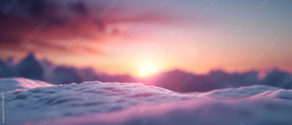  The sun sets over pink and blue clouds above a mountain range in the foreground