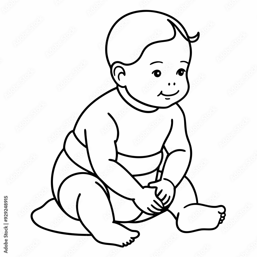 Fototapeta premium Line drawing of baby in diapers art vector illustration