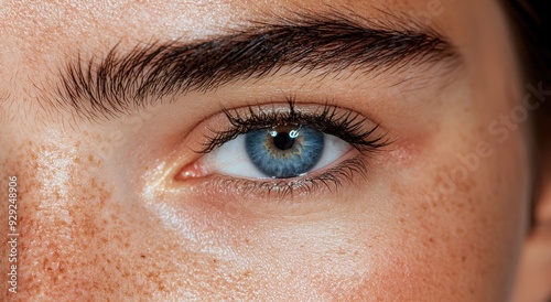 close-up of a human eye with long eyelashes and blue iris