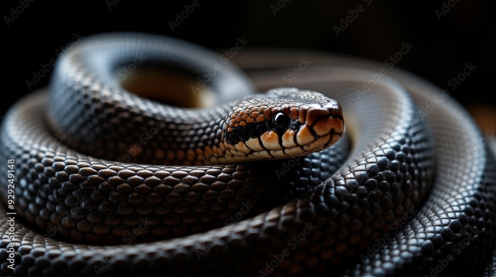 Fototapeta premium A close-up of a coiled snake with intricate scales and focused eyes, showcasing the detailed texture and natural beauty of this reptile.