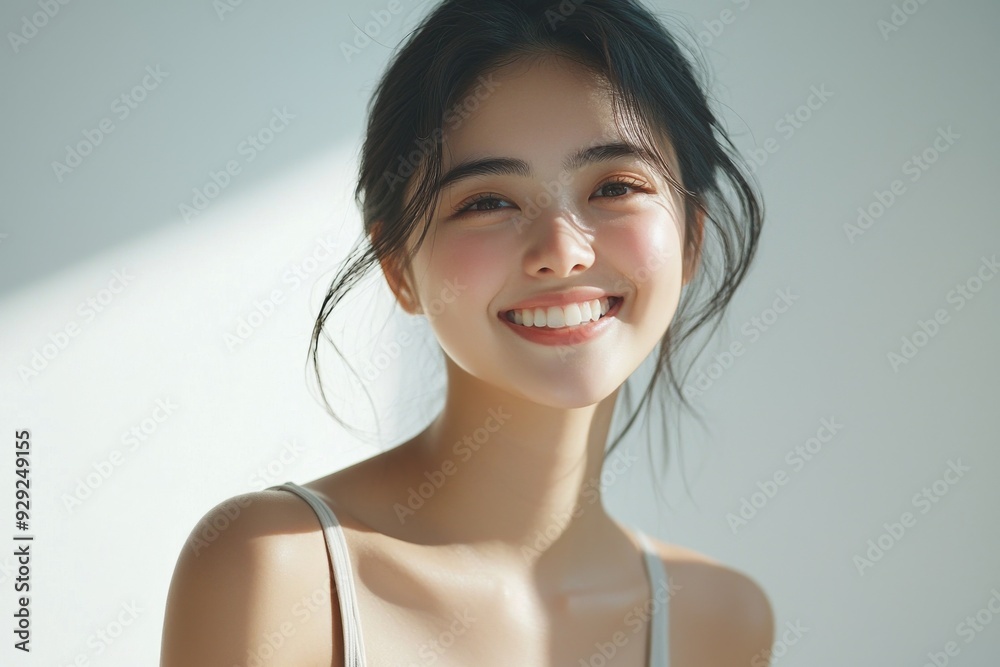 Beautiful young Asian woman smiling and happy created with Generative AI Beautiful young Asian woman smiling and happy created with Generative AI