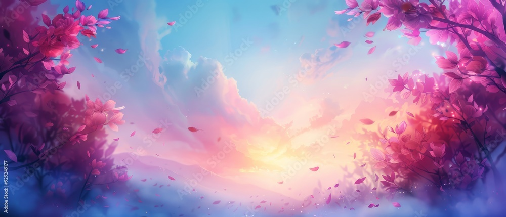 A painting of a pink-blue sky with trees in the foreground and pink flowers at their base A painting of a pink-blue sky with trees in the foreground and pink flowers at their base