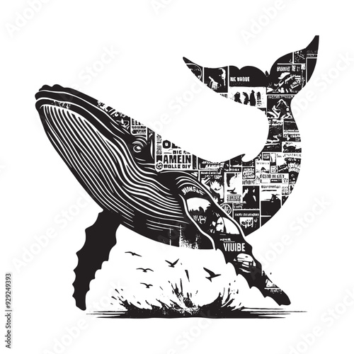 silhouette of Blue Whale filled with vintage punk's poster collage wall in rough drawing