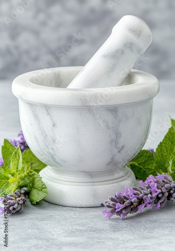 Mortar and pestle with fresh herbs