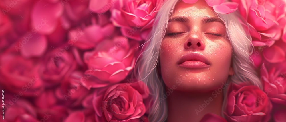 A woman with closed eyes is surrounded by pink roses A woman with closed eyes is surrounded by pink roses