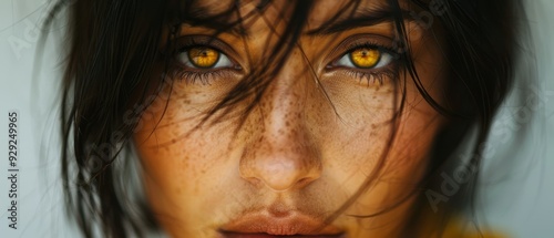  A close-up of a woman's face with freckled skin, topped with red hair and expressive freckled eyes