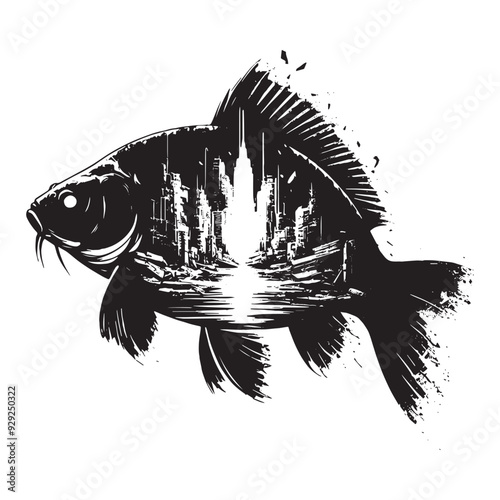 silhouette of carp fish filled with destroyed futuristic dystopia environment in rough drawing