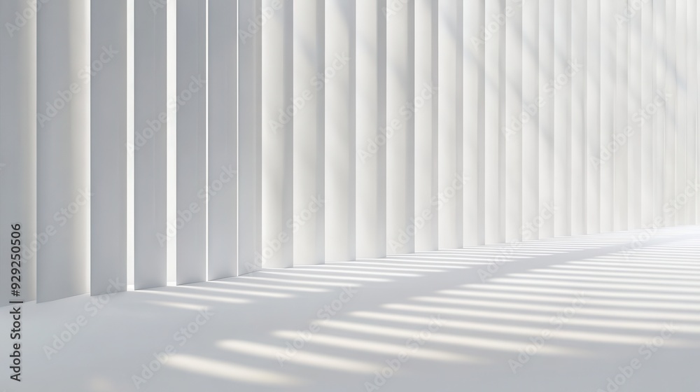 A minimalist interior with vertical white panels casting shadows on a light surface. A minimalist interior with vertical white panels casting shadows on a light surface.