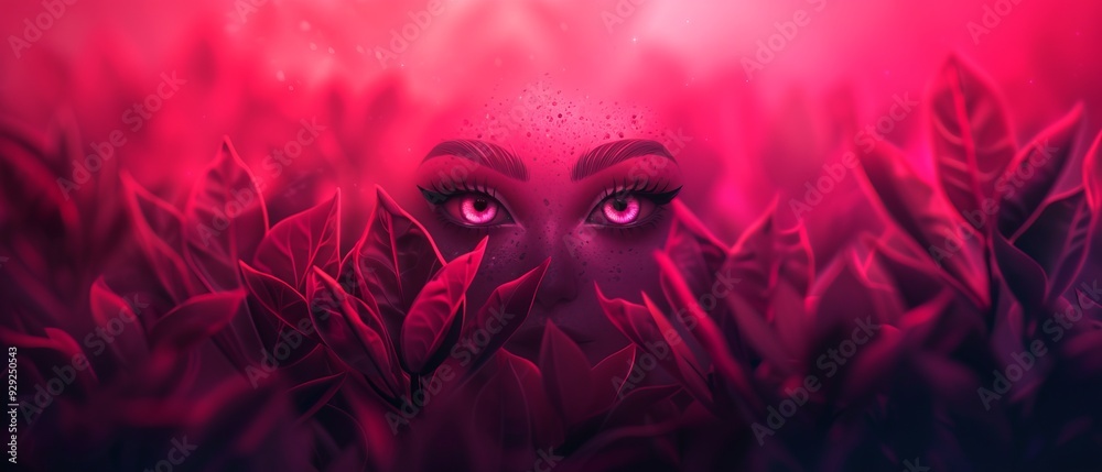 Woman's face amidst leaves field, pink light emanates from her eyes Woman's face amidst leaves field, pink light emanates from her eyes