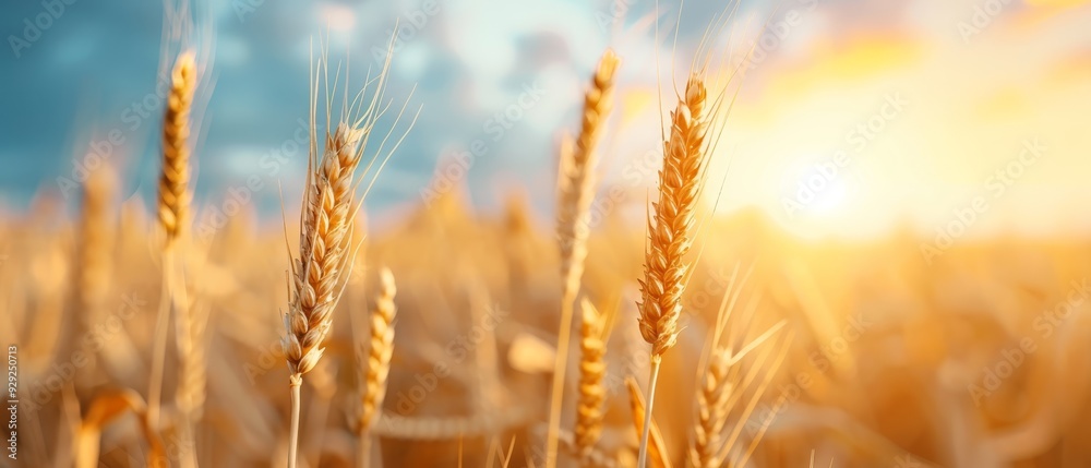 A tight shot of a sunlit wheat field under midday clouds Sun rays filtering through overlapping cloud formations A tight shot of a sunlit wheat field under midday clouds Sun rays filtering through overlapping cloud formations