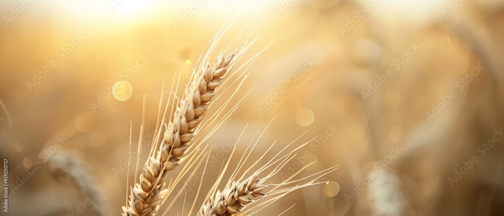 A tight shot of wheat plants with sun rays filtering through their ear-like spikes in the foreground A tight shot of wheat plants with sun rays filtering through their ear-like spikes in the foreground