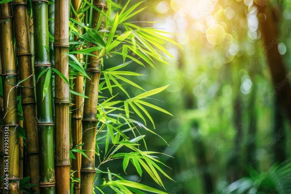 Obraz premium Green Bamboo Forest With Sunlight, Natural Background Concept. Green Bamboo Forest In China.