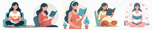 pregnant woman reading book vector set