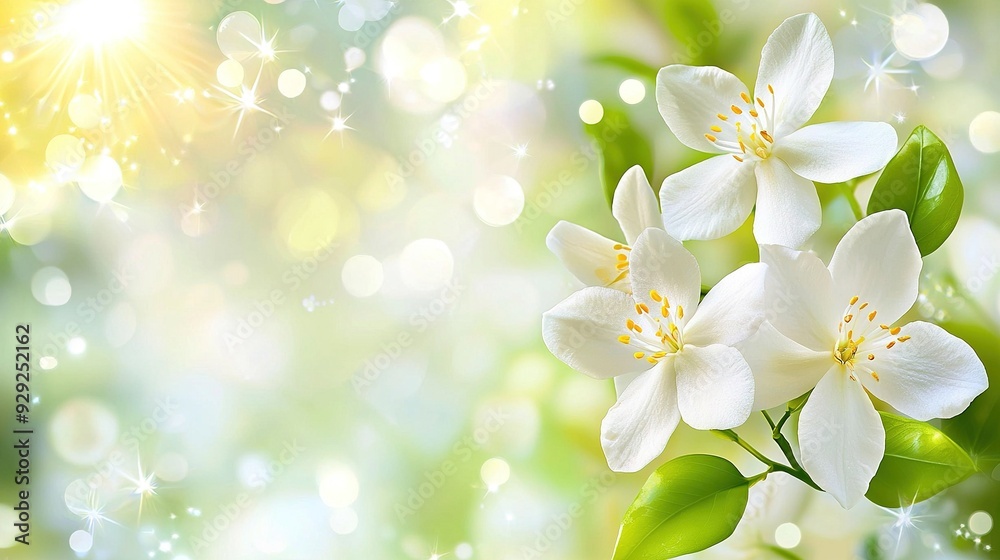 A group of white blossoms atop a green foliage-covered branch, bathed in the glow of a radiant sunburst A group of white blossoms atop a green foliage-covered branch, bathed in the glow of a radiant sunburst