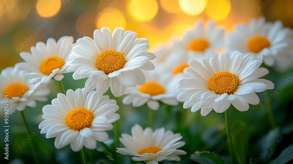 Fototapeta premium Daisies illuminated by warm, golden evening light, creating a tranquil and inviting scene. Ideal for nature-related projects.