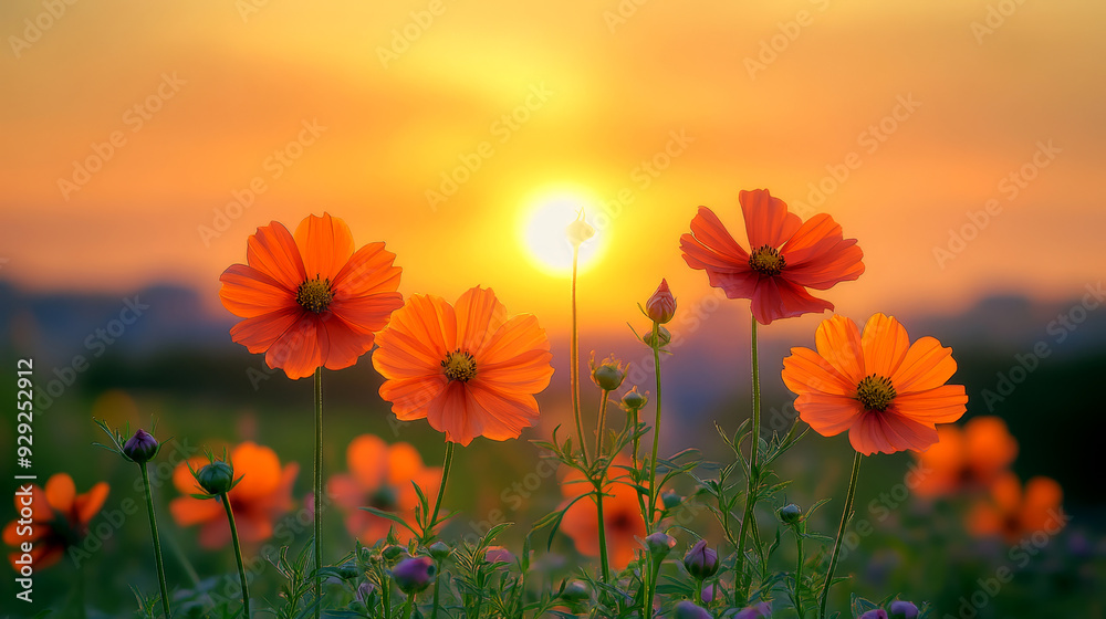 Field of flowers at sunset and dawn spring summer background with bright beautiful flowers Field of flowers at sunset and dawn spring summer background with bright beautiful flowers