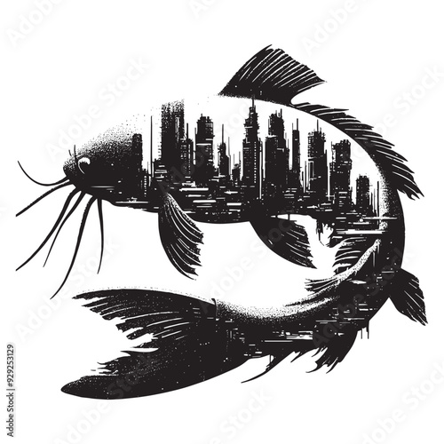 silhouette of Catfish filled with destroyed futuristic dystopia environment in rough drawing