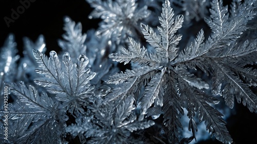 Intricate frost patterns on leaves captured at dawn in a winter forest