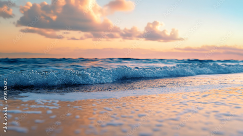 Fototapeta premium Close-up of ocean waves gently washing over the golden sand, capturing the tranquility of the beach. Perfect for beach, summer, and relaxation themes.