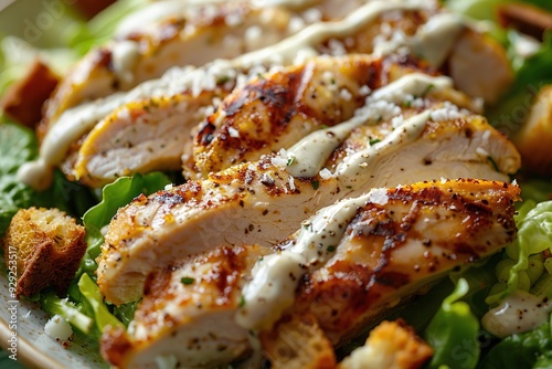 Grilled chicken Caesar salad with romaine lettuce, croutons, and creamy dressing photo