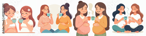 vector set of two pregnant women drinking tea