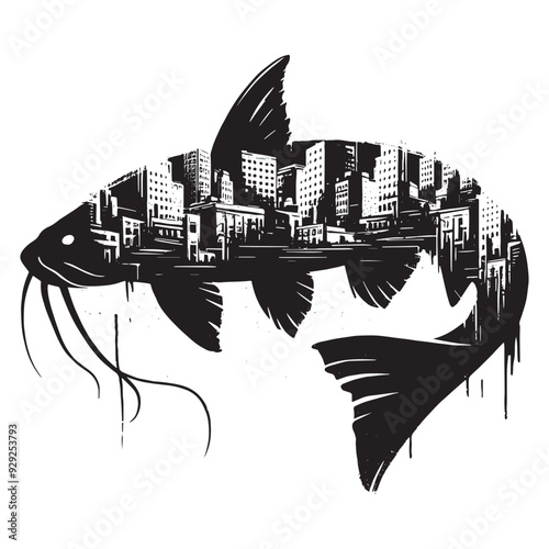 silhouette of Catfish filled with ghetto street in rough drawing