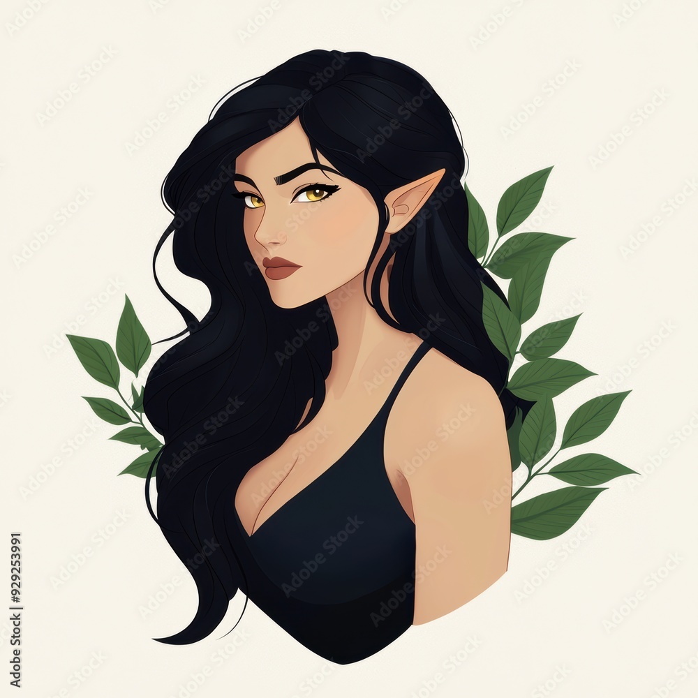 mysterious woman with dark hair and green leaves mysterious woman with dark hair and green leaves