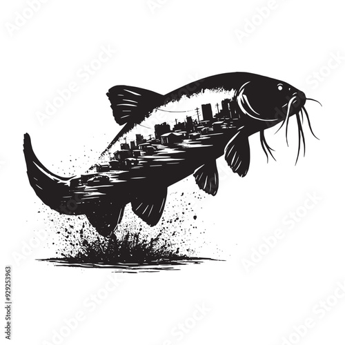 silhouette of Catfish filled with ghetto street in rough drawing