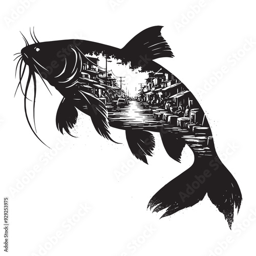 silhouette of Catfish filled with ghetto street in rough drawing