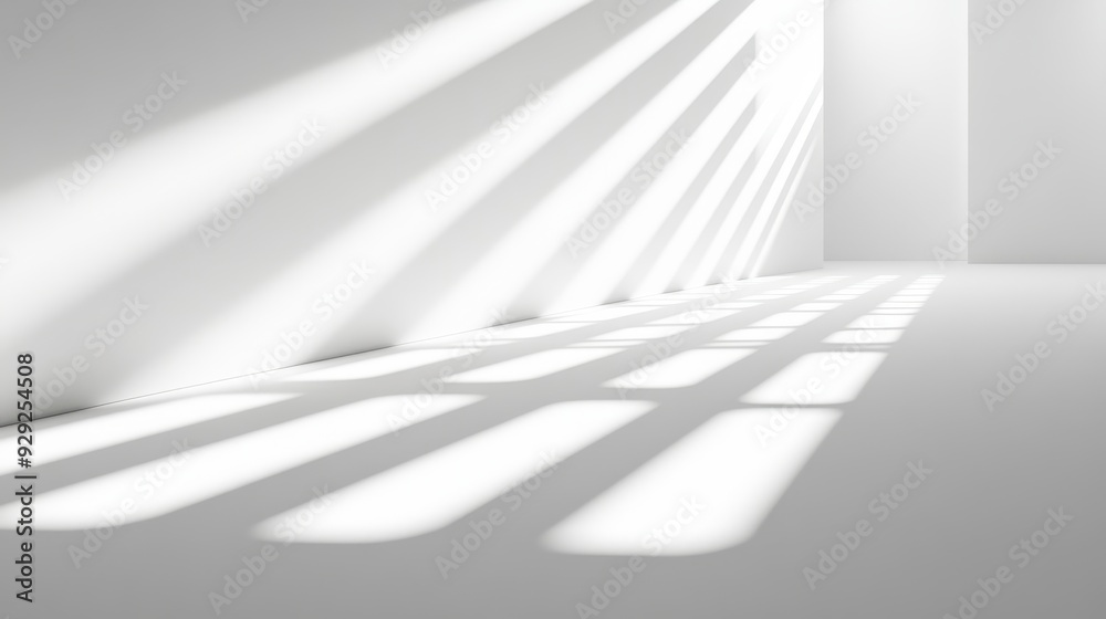 A minimalistic interior space with light and shadow patterns on the floor. A minimalistic interior space with light and shadow patterns on the floor.