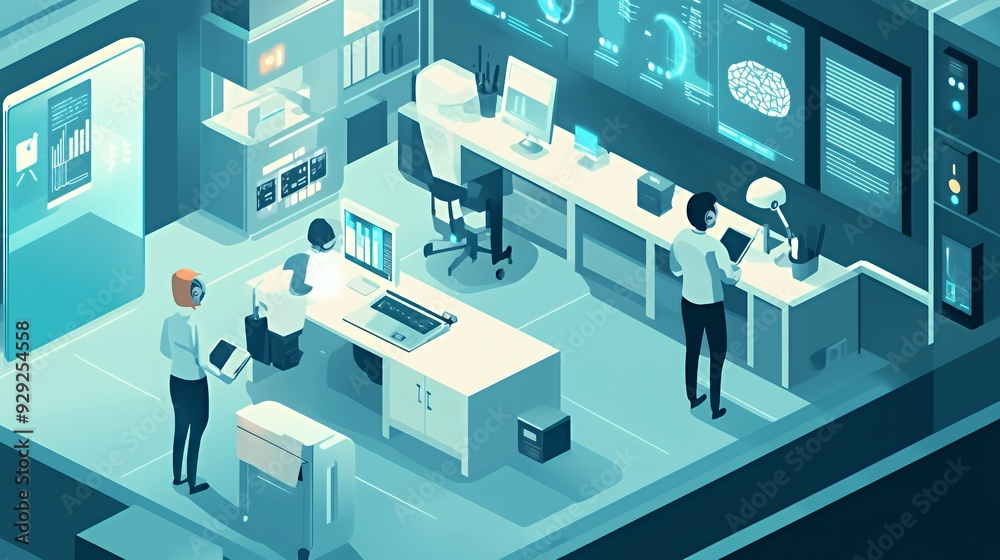 A futuristic lab with researchers analyzing data and brain activity. A futuristic lab with researchers analyzing data and brain activity.