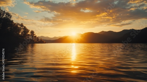 Vibrant sunset over calm waters, with colorful clouds reflecting on the ocean surface, creating a stunning seascape. Perfect for nature and relaxation themes.
