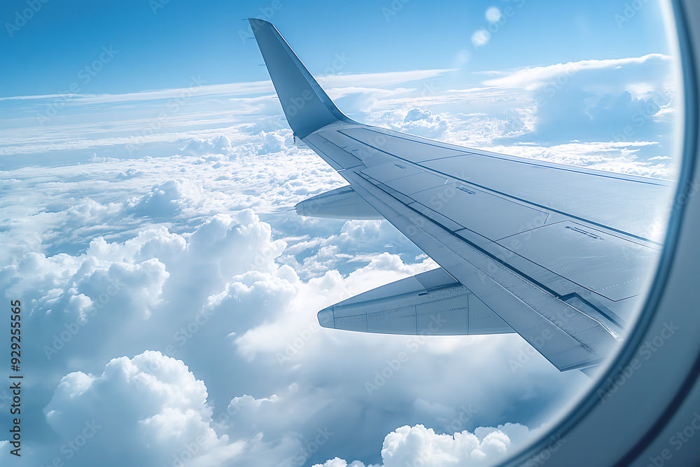 Obraz premium view form a airplane window flying above clouds