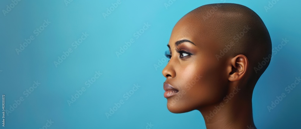 Portrait of a young woman with a smoothly shaved head on a blue background. Free copy space for text. Portrait of a young woman with a smoothly shaved head on a blue background. Free copy space for text.