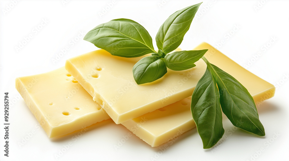cheese slices and basil herb leaves isolated on white background