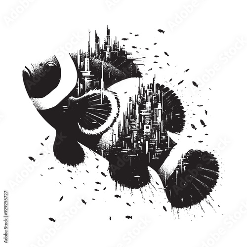 silhouette of Clownfish filled with destroyed futuristic dystopia environment in rough drawing