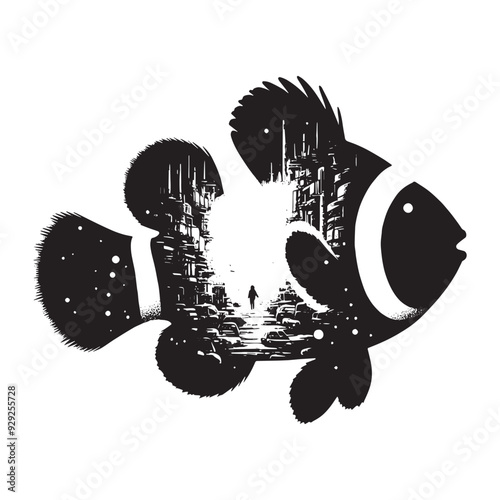 silhouette of Clownfish filled with destroyed futuristic dystopia environment in rough drawing