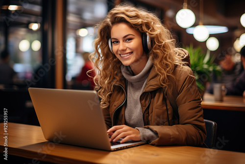 generated illustration of woman working with laptop in coffee shop, business financial concept.