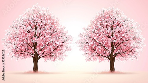  A pair of trees with pink flowers surrounded by each tree forms a light pink backdrop against a light pink sky