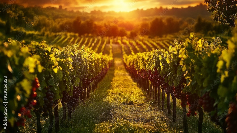 Fototapeta premium Gorgeous grape field ready for summer wine yard harvest