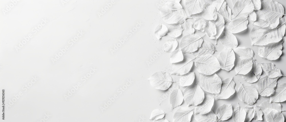 A close-up of a white wall adorned with a cluster of white leaves, against a backdrop of an adjacent white wall A close-up of a white wall adorned with a cluster of white leaves, against a backdrop of an adjacent white wall