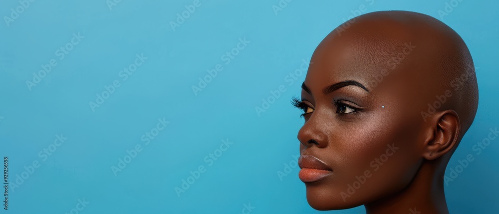 Portrait of a young woman with a smoothly shaved head on a blue background. Free copy space for text. Portrait of a young woman with a smoothly shaved head on a blue background. Free copy space for text.
