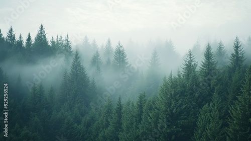 A misty forest landscape with dense evergreen trees shrouded in fog.