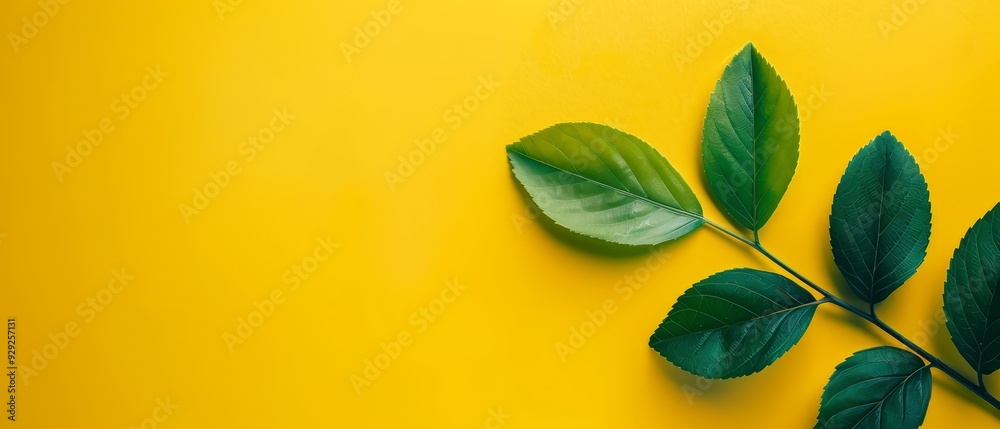 A green leaf atop a yellow surface, with one above and one below in the image A green leaf atop a yellow surface, with one above and one below in the image