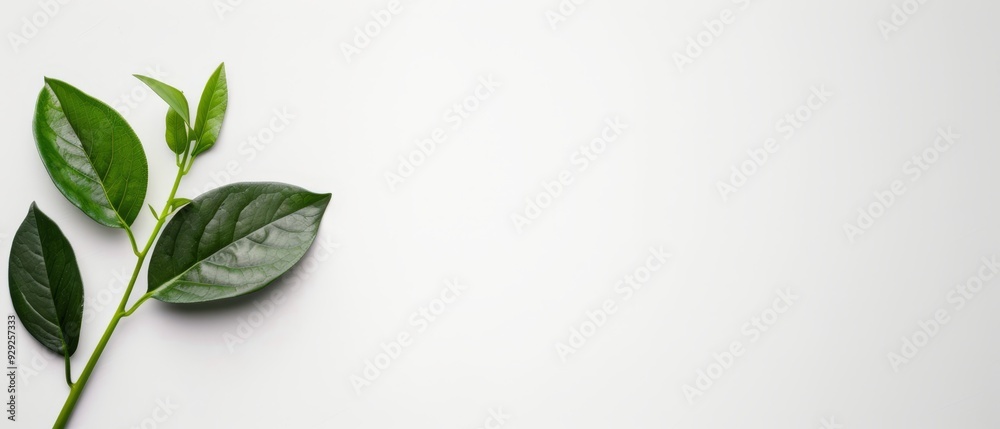  Close-up of a green leaf against a white background Text space on the left side