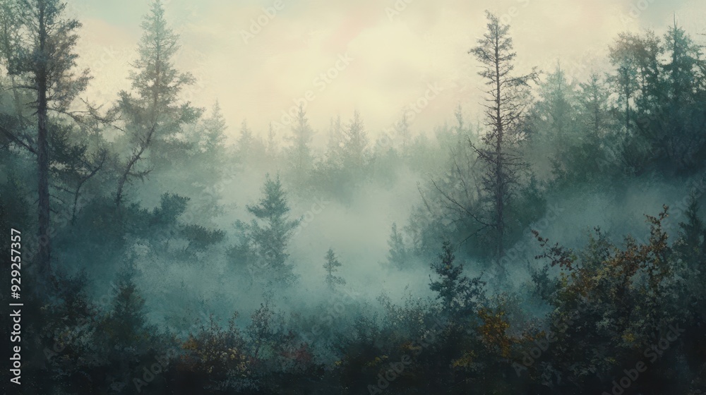 A misty forest landscape with tall trees and soft light creating a serene atmosphere.